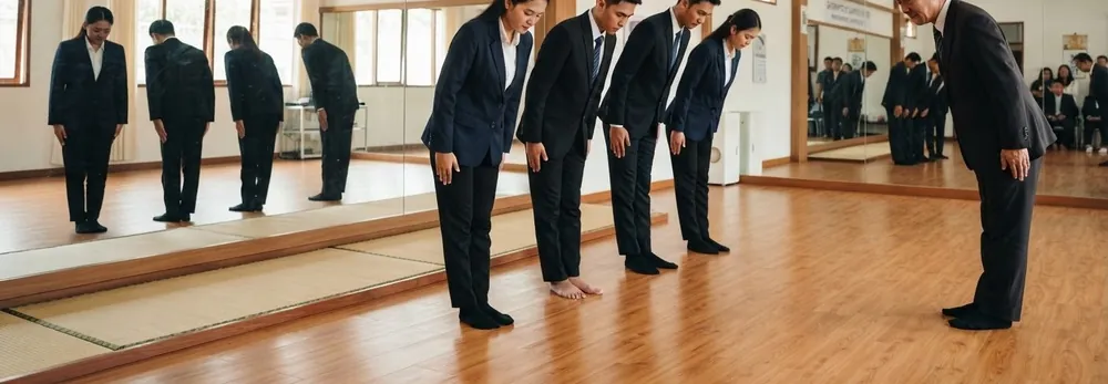 Latihan ojigi dan etika kerja Jepang